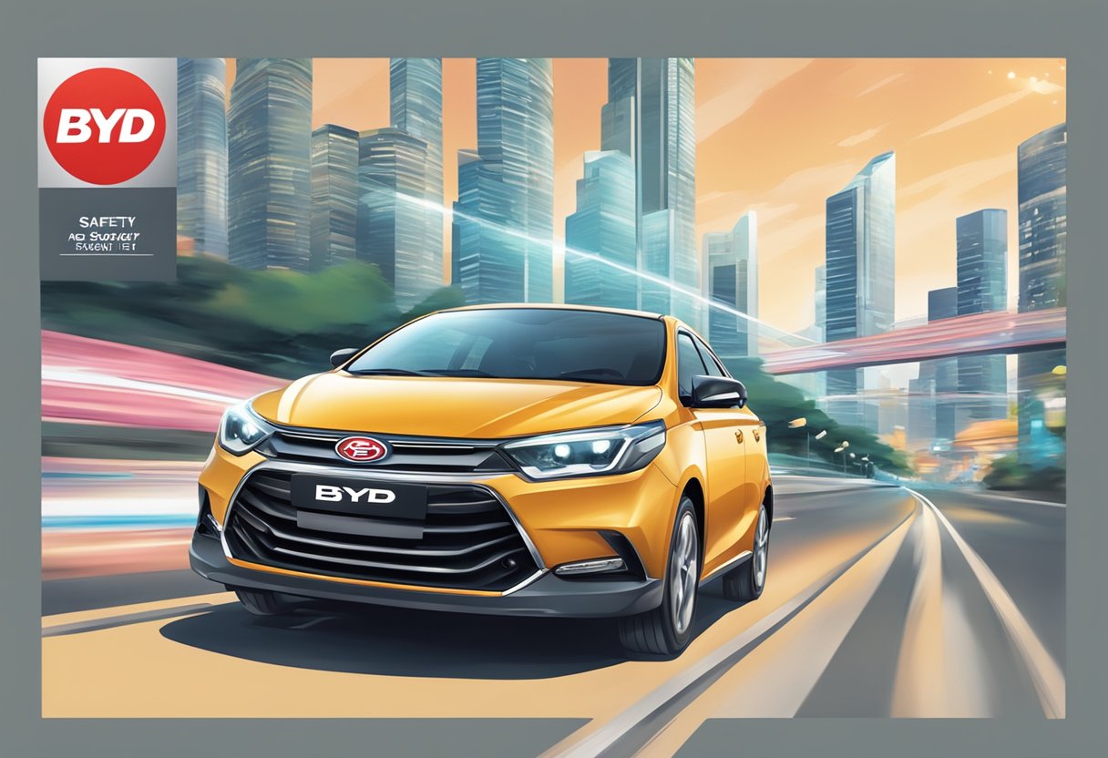 A sleek car speeds down a well-lit road, passing by a prominent "Performance and Safety byd seal singapore" sign