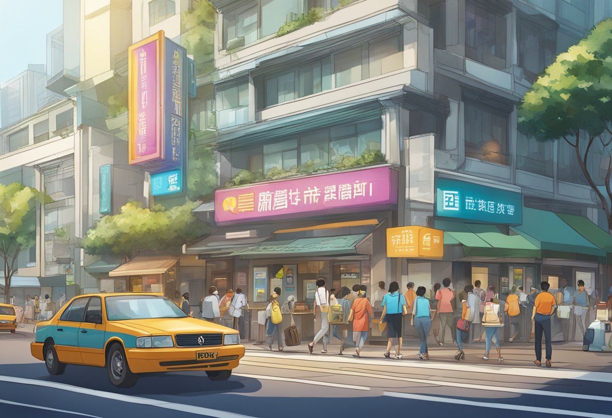 A bustling street in Singapore, with a prominent sign for "Frequently Asked Questions" at 8 Grange Rd Cineleisure Orchard