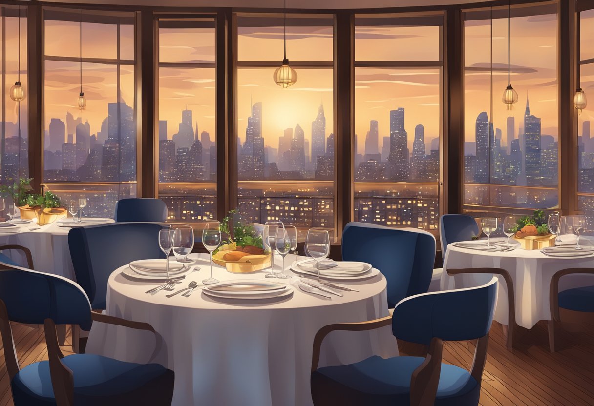 A table set with gourmet dishes and elegant cutlery, bathed in warm, ambient lighting, with a view of the bustling city skyline through the restaurant's large windows