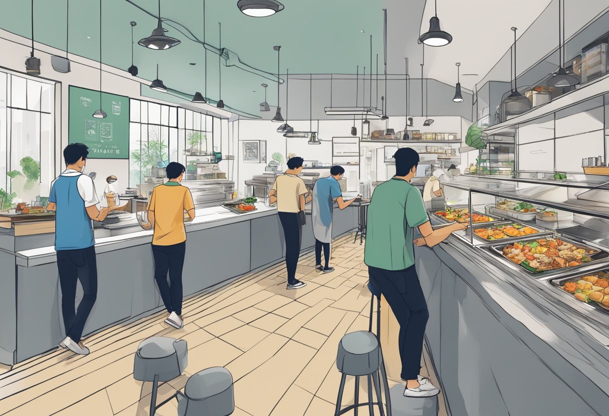 Customers order food at a counter in OverEasy Singapore, while staff prepare and serve dishes in the background