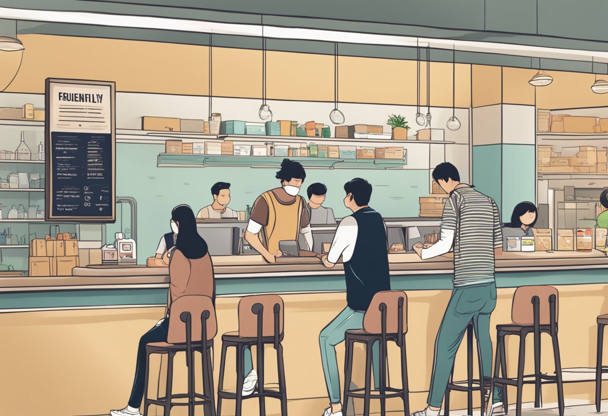 Customers line up at a counter with a sign that reads "Frequently Asked Questions" at OverEasy Singapore