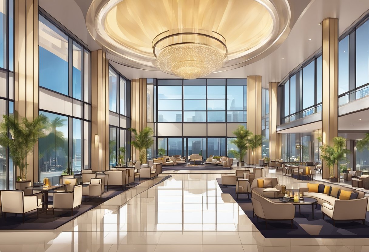 The hotel lobby bustles with guests. A grand dining area overlooks the city. A modern gym and luxurious spa offer relaxation