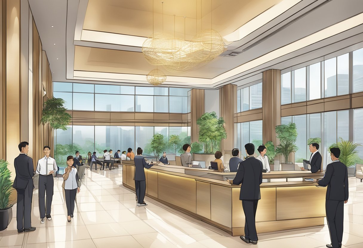 The bustling lobby of Westin Singapore, with guests approaching the concierge and staff assisting at the front desk