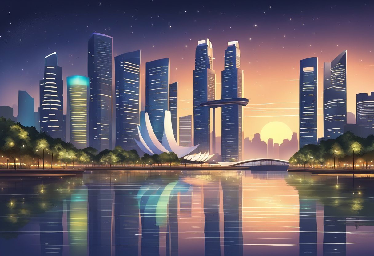 A serene nighttime cityscape with glowing skyscrapers and a calm river, reflecting the twinkling lights of Singapore