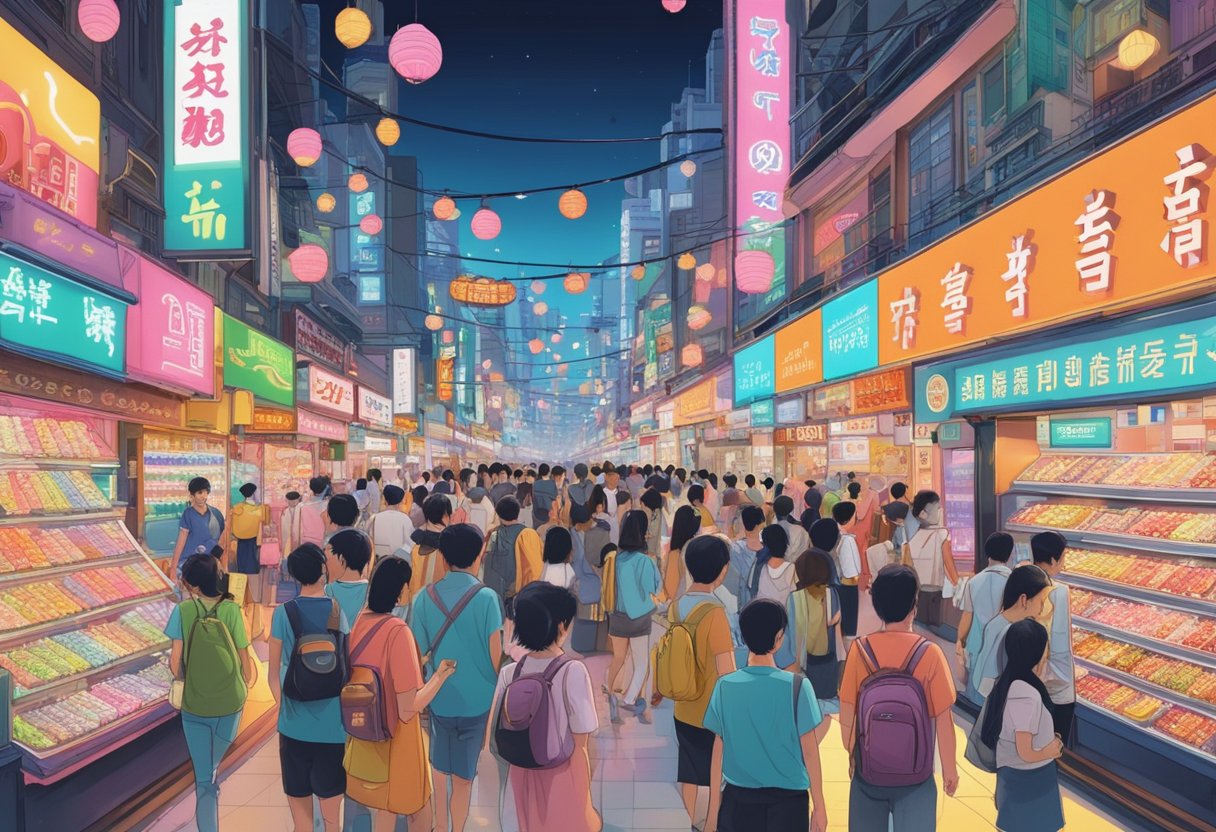 Vibrant neon signs illuminate the bustling streets of Donki Donki Singapore, with crowds of shoppers browsing through a wide array of products
