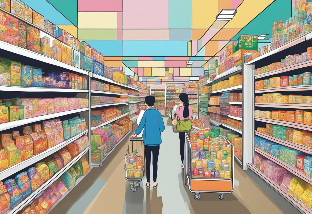 Customers browse colorful aisles in Don Don Donki Singapore, surrounded by a variety of products and vibrant displays