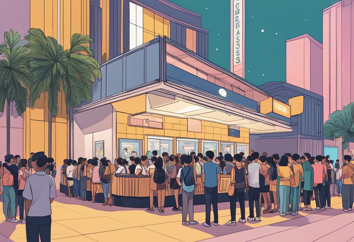 A crowded venue with a stage, lights, and a ticket booth. People line up to purchase tickets for the Daniel Caesar concert in Singapore