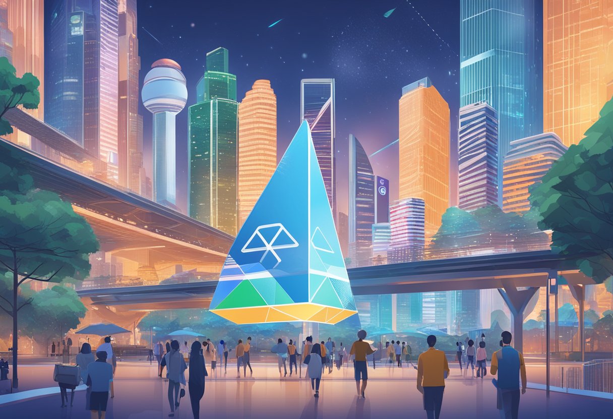 Coinbase's logo prominently displayed in a bustling Singapore cityscape, surrounded by futuristic technology and digital currency symbols