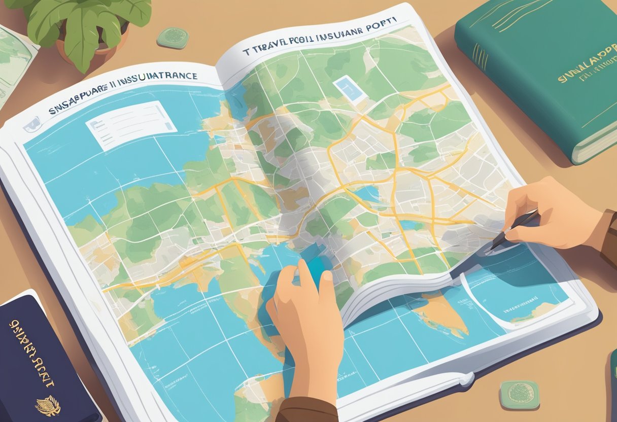 A traveler holding a Singapore travel insurance policy while looking at a map and passport