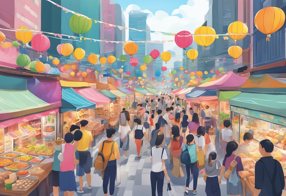 Vibrant street festival with diverse food stalls, live music, and interactive art installations at Donki Donki Singapore