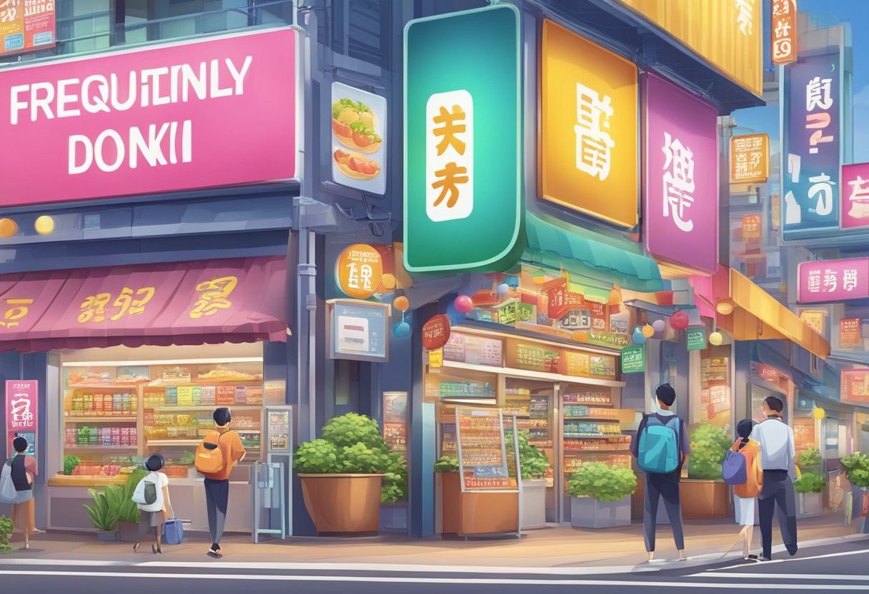 A colorful signboard with "Frequently Asked Questions" and "donki donki singapore" displayed prominently