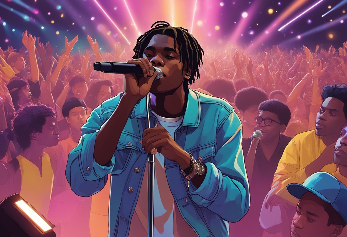 Daniel Caesar performs on stage in Singapore, surrounded by a mesmerized audience and colorful lights