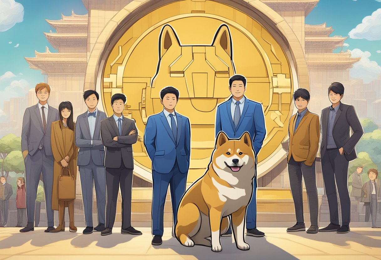 A shiba inu stands proudly next to the founders of dogecoin, symbolizing the origins of the cryptocurrency