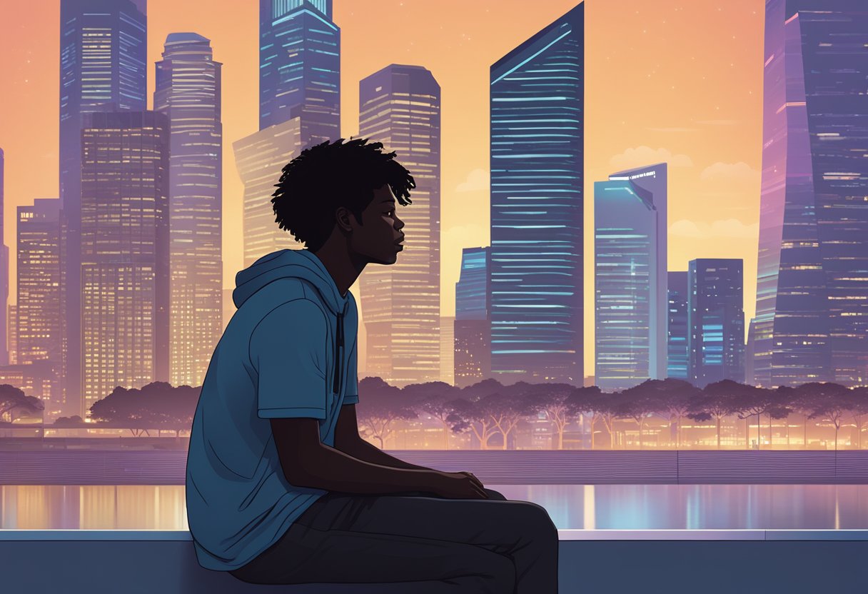 Daniel Caesar's silhouette against Singapore skyline, with "Frequently Asked Questions" displayed on a glowing billboard