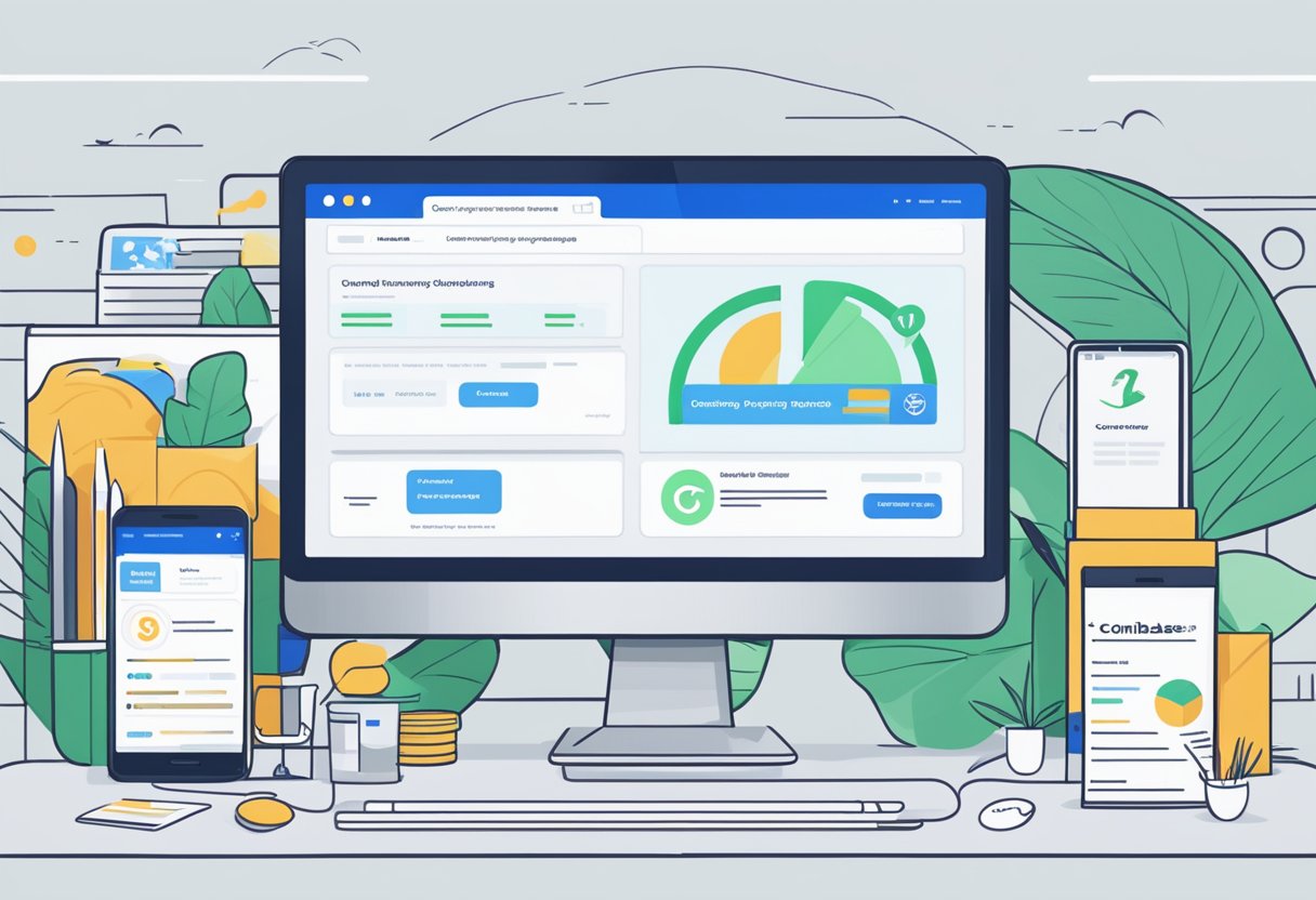 A computer screen displaying the Coinbase Singapore website with a list of frequently asked questions and a logo in the corner