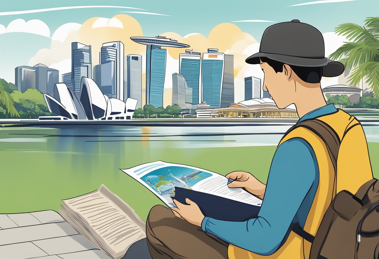 A traveler in Singapore reads a brochure on travel insurance, with iconic landmarks in the background