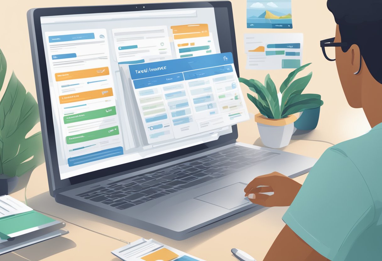 A person browsing through various travel insurance options on a computer, with a checklist of coverage and prices displayed on the screen