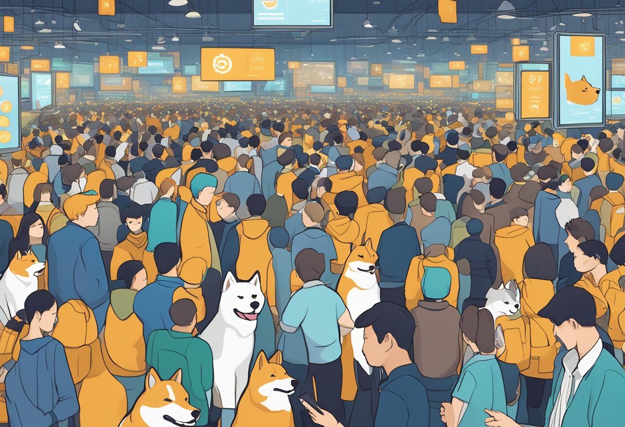 A crowded marketplace with people trading dogecoin and shiba inu, with digital screens displaying market insights and price fluctuations