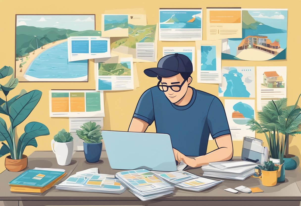 A traveler comparing travel insurance plans in Singapore, surrounded by brochures and a laptop