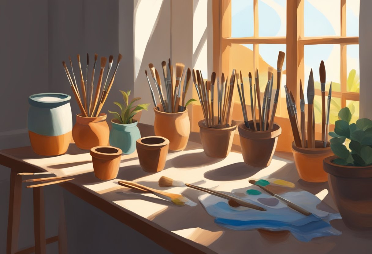 A table with various sizes of terra-cotta pots. Paintbrushes, paint, and a palette are nearby. Sunlight streams in through a window, casting shadows on the pots