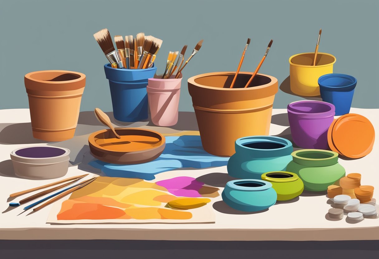 A table with terra-cotta pots, paintbrushes, and a palette of vibrant colors. A newspaper or drop cloth covers the surface, ready for a creative painting session