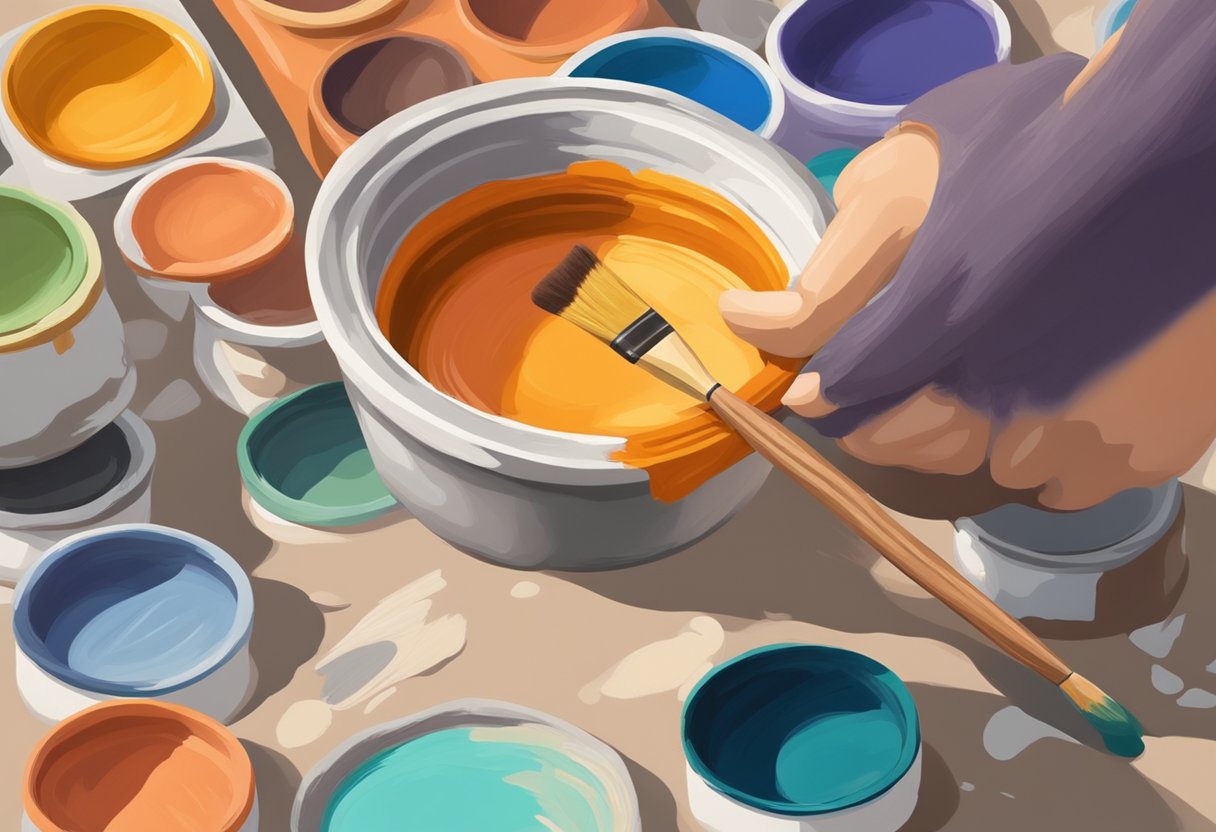 A hand holding a paintbrush dips into a palette of vibrant colors, carefully applying a fresh coat of paint onto a weathered terra-cotta pot