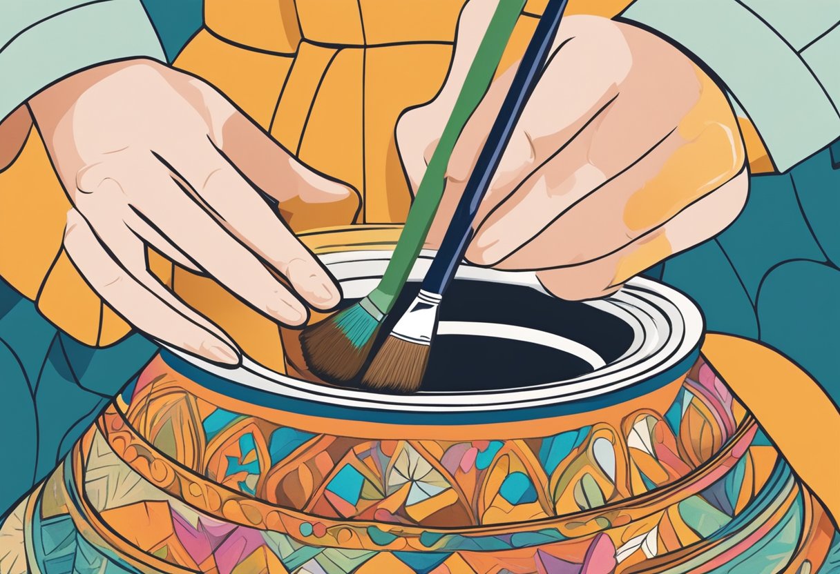 A hand holding a paintbrush dips into a palette of vibrant colors. The brush delicately glides across the terra-cotta pot, creating intricate designs and patterns