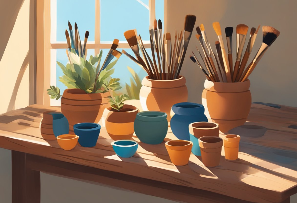 A table with terra-cotta pots, paintbrushes, and a palette. Sunlight streams in, casting shadows on the pots. A few pots are already painted with intricate designs