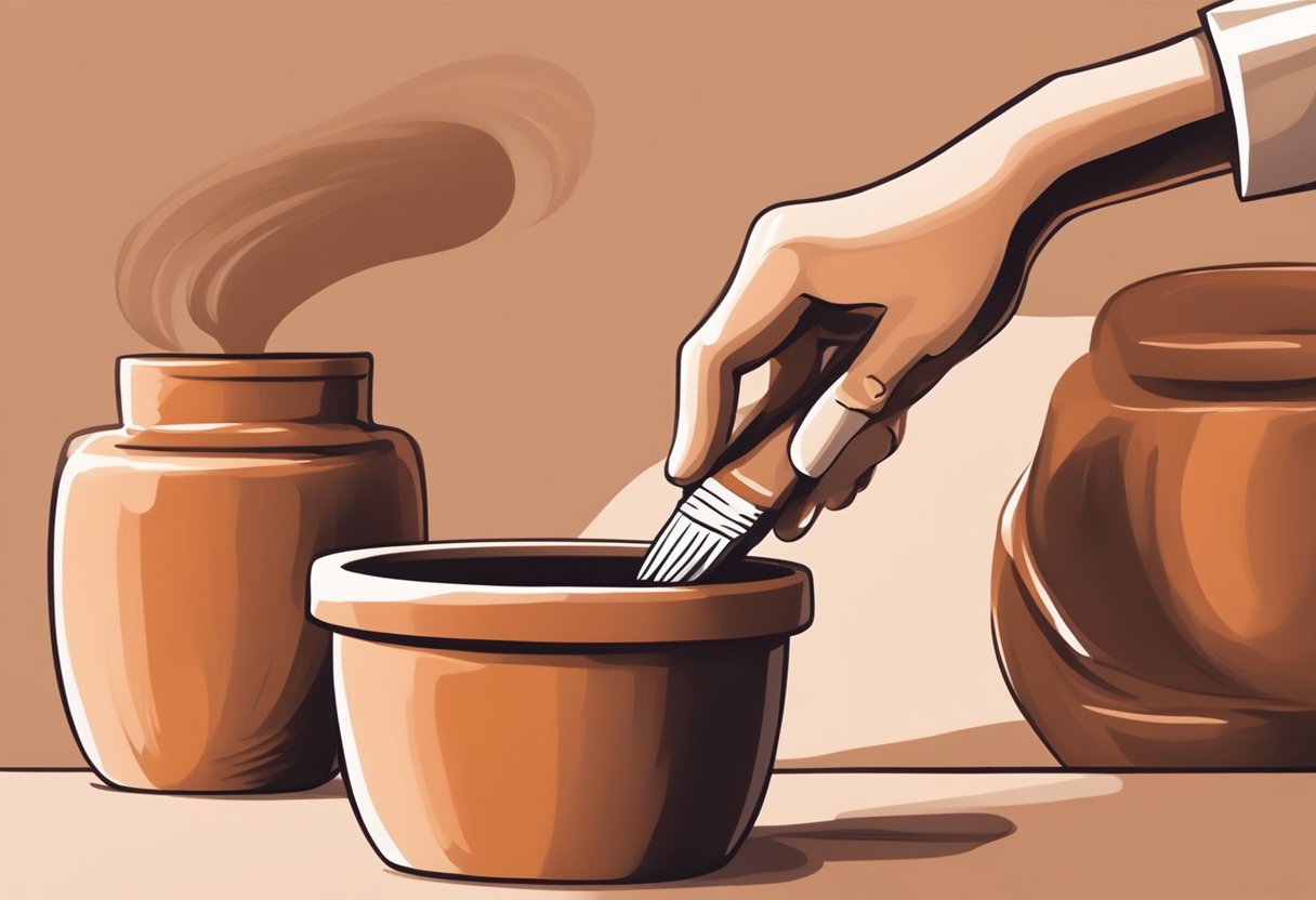 A hand holding a paintbrush dips into a pot of terracotta paint, carefully applying a smooth, even coat to a plain terracotta pot
