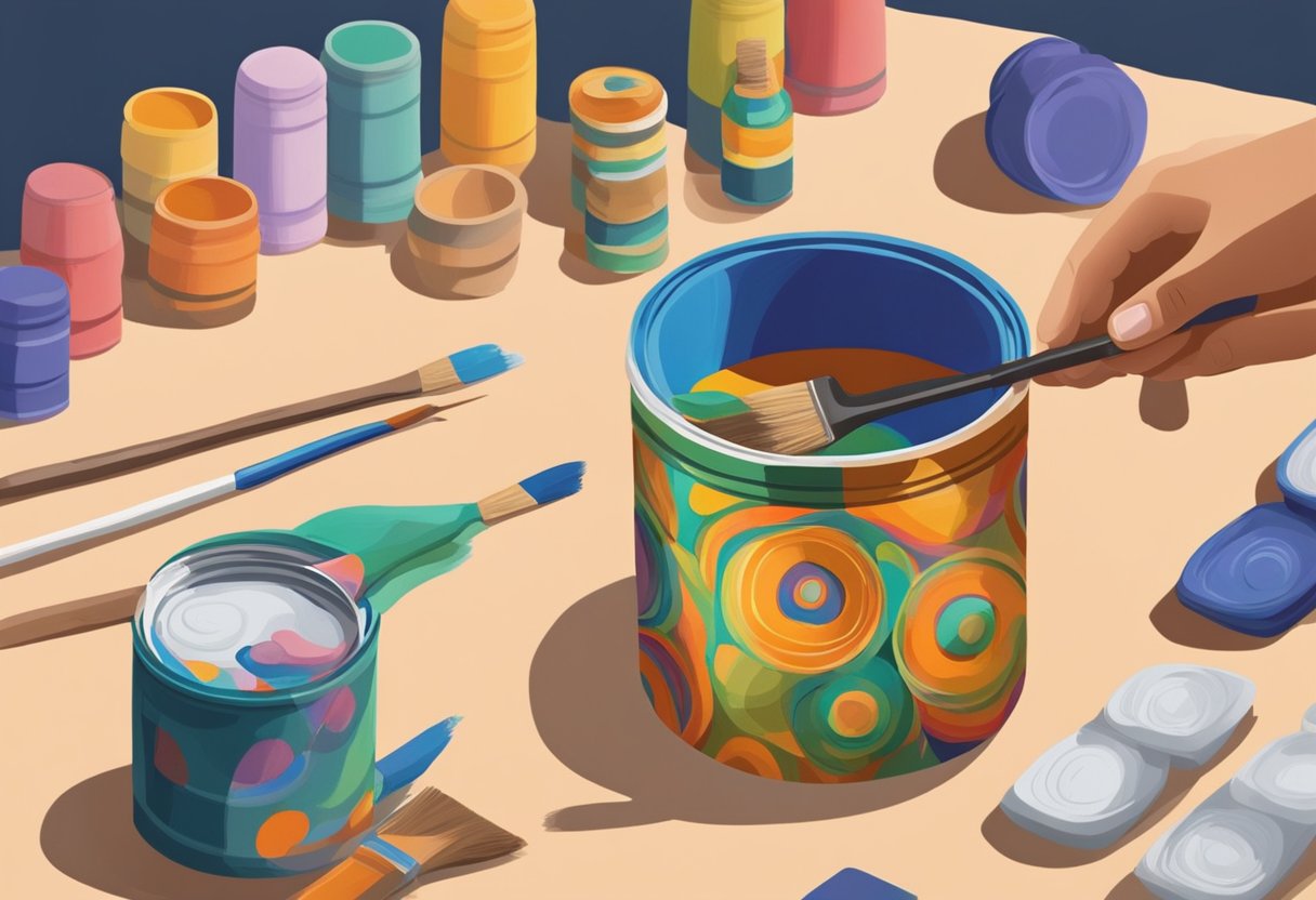 A hand holding a paintbrush dips into a can of vibrant paint, then carefully applies it to a terra-cotta pot. A stack of pots sits nearby, waiting to be transformed with colorful designs