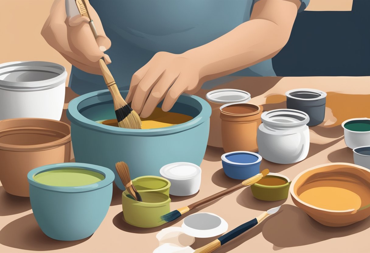 A hand holding a paintbrush, applying paint to a terra-cotta pot. Other pots and painting supplies scattered on a table