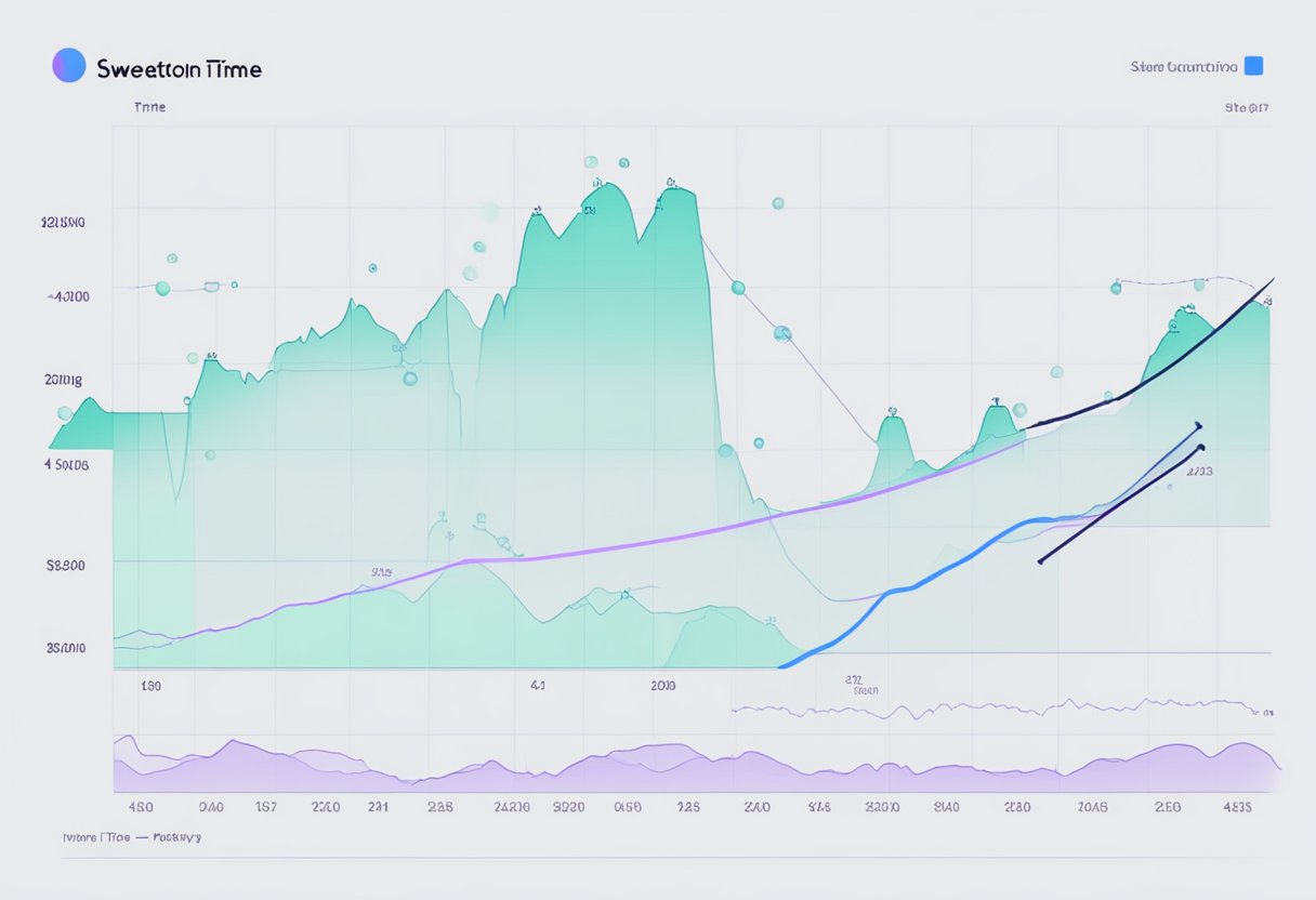 A graph showing the fluctuating price of Sweatcoin over time, with labeled axes and clear trend lines