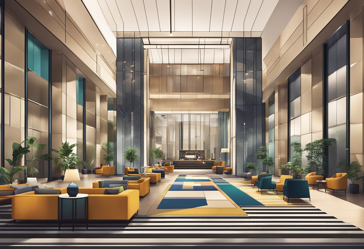 The Andaz Hotel in Singapore features a modern, sleek lobby with a striking geometric design and a vibrant color palette