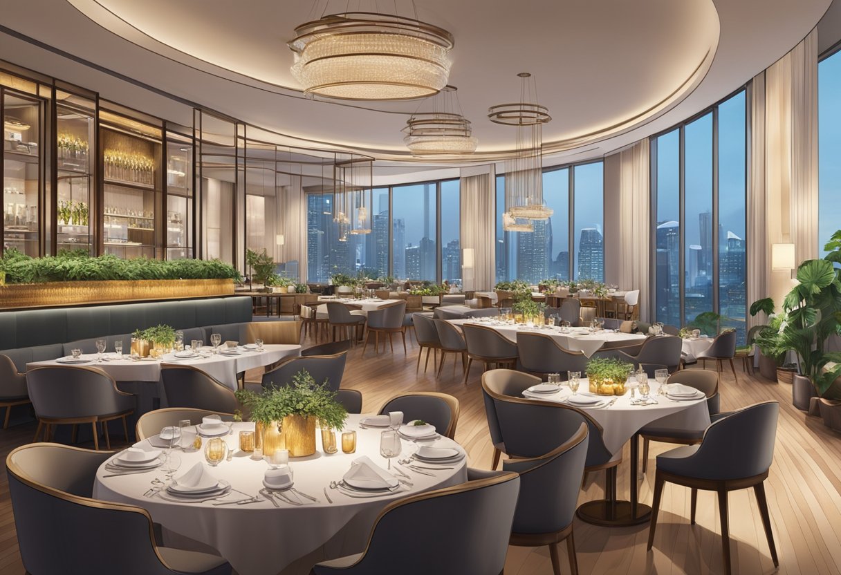 A bustling dining area with elegant decor and vibrant entertainment at Andaz Hotel Singapore