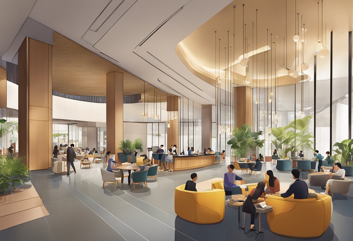 The lobby of Andaz Hotel Singapore bustles with guests seeking information, while staff members assist with inquiries at the front desk. The modern decor and vibrant atmosphere create a welcoming and lively environment