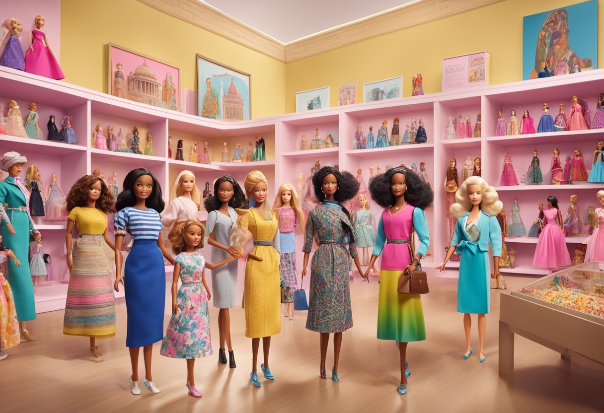 Barbie dolls displayed at a museum, surrounded by diverse cultural artifacts and historical events, showcasing Barbie's global impact