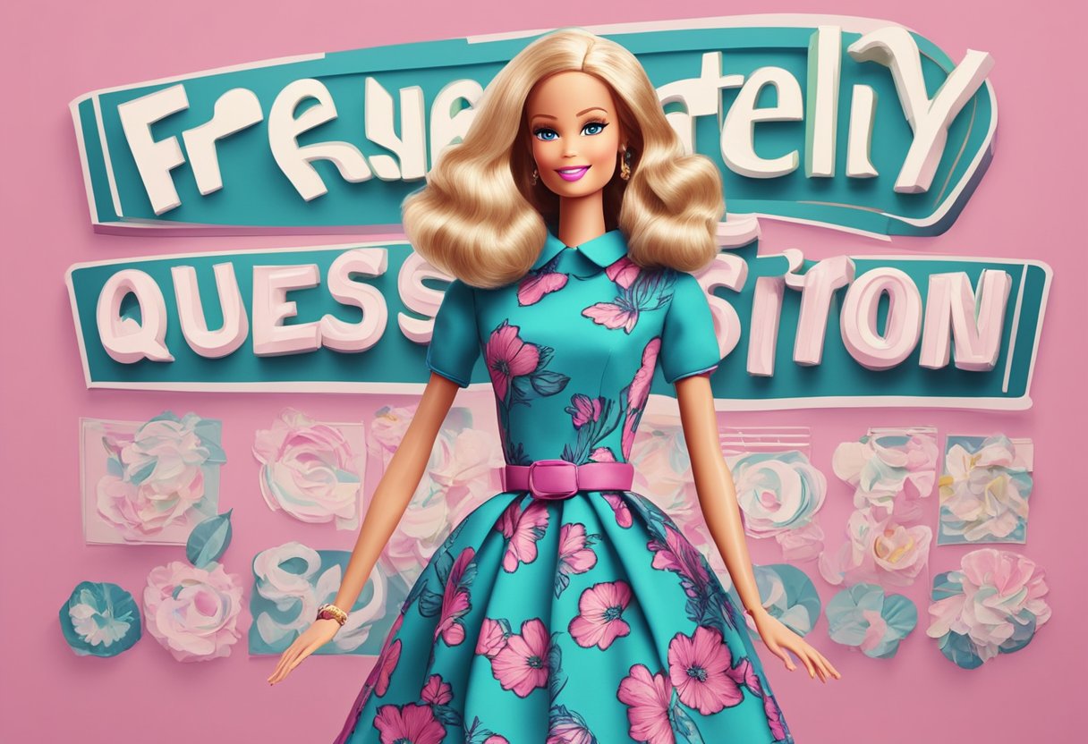 A Barbie doll standing in front of a backdrop with the words "Frequently Asked Questions" in bold letters
