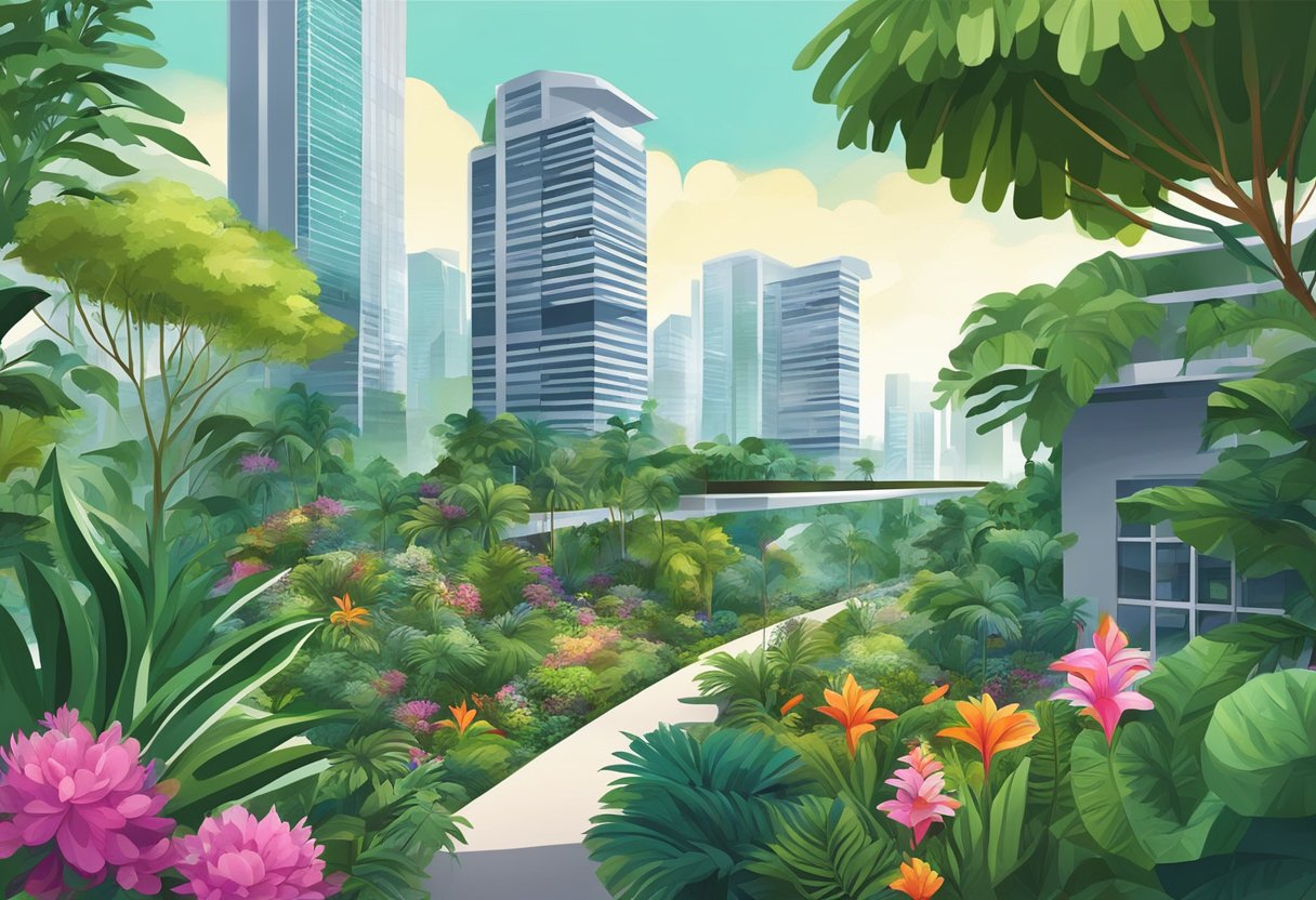 Lush greenery of Botany Singapore, with exotic plants and vibrant flowers, surrounded by modern architecture