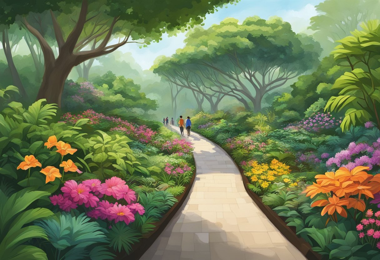 Lush greenery, vibrant flowers, and towering trees fill the Singapore Botanic Gardens. A winding path leads through the diverse botanical wonders