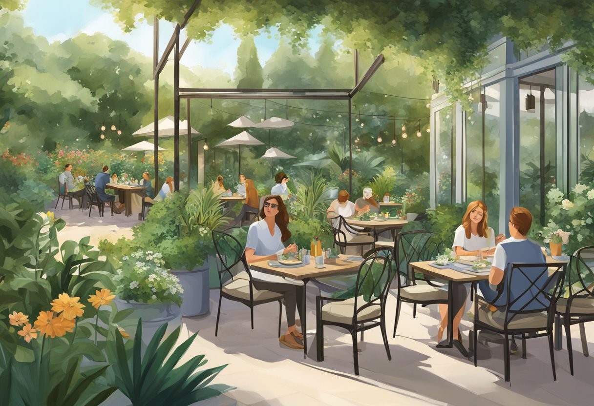 Lush greenery surrounds outdoor dining area with botanical elements. Patrons relax among plants and flowers in a serene, natural setting