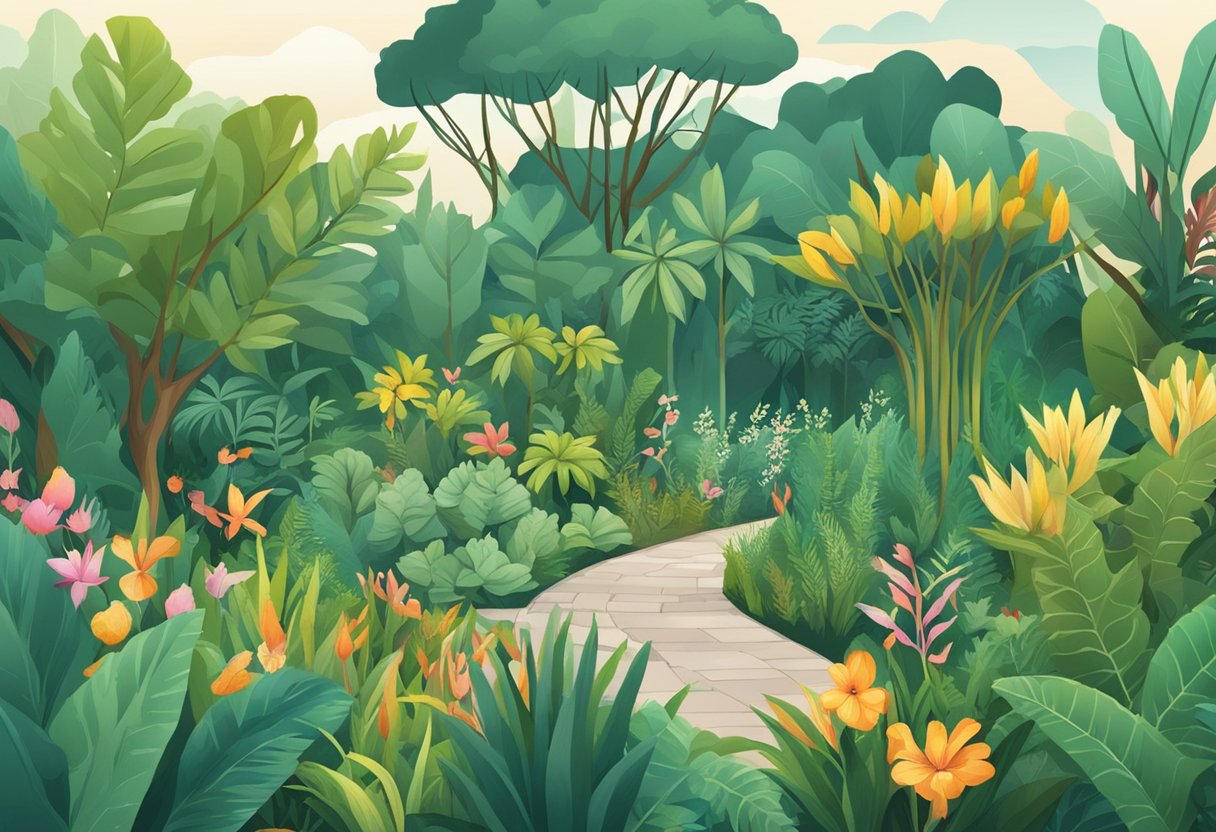 A lush botanical garden in Singapore with a sign reading "Frequently Asked Questions" surrounded by diverse plant species