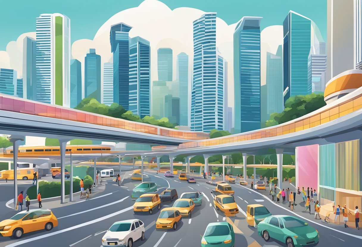 Busy streets with modern skyscrapers, bustling with people and traffic. Iconic landmarks like Marina Bay Sands and the Singapore Flyer stand tall in the cityscape