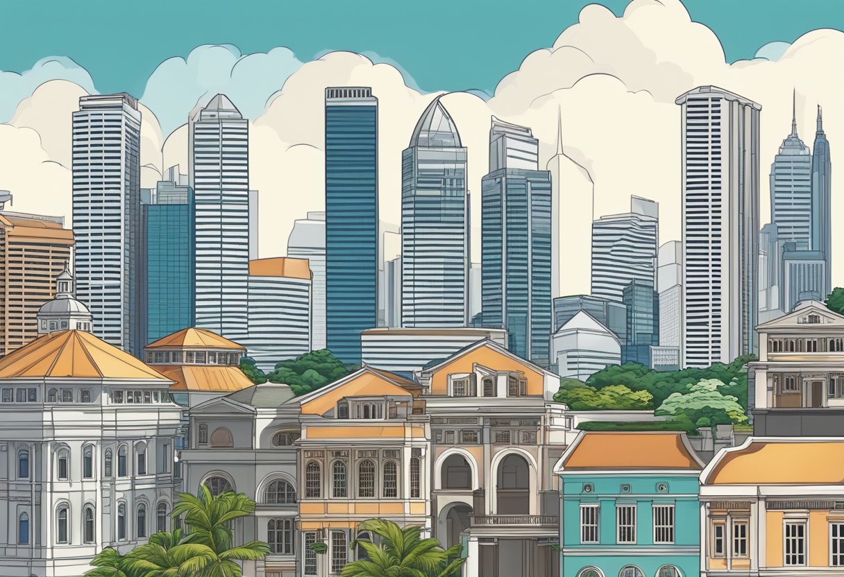 The skyline of central Singapore rises against a backdrop of modern skyscrapers, with historic colonial buildings nestled amongst them