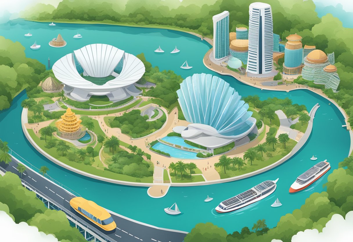 The scene depicts iconic attractions and landmarks in central Singapore, including the Marina Bay Sands, Merlion Park, Gardens by the Bay, and the Singapore Flyer