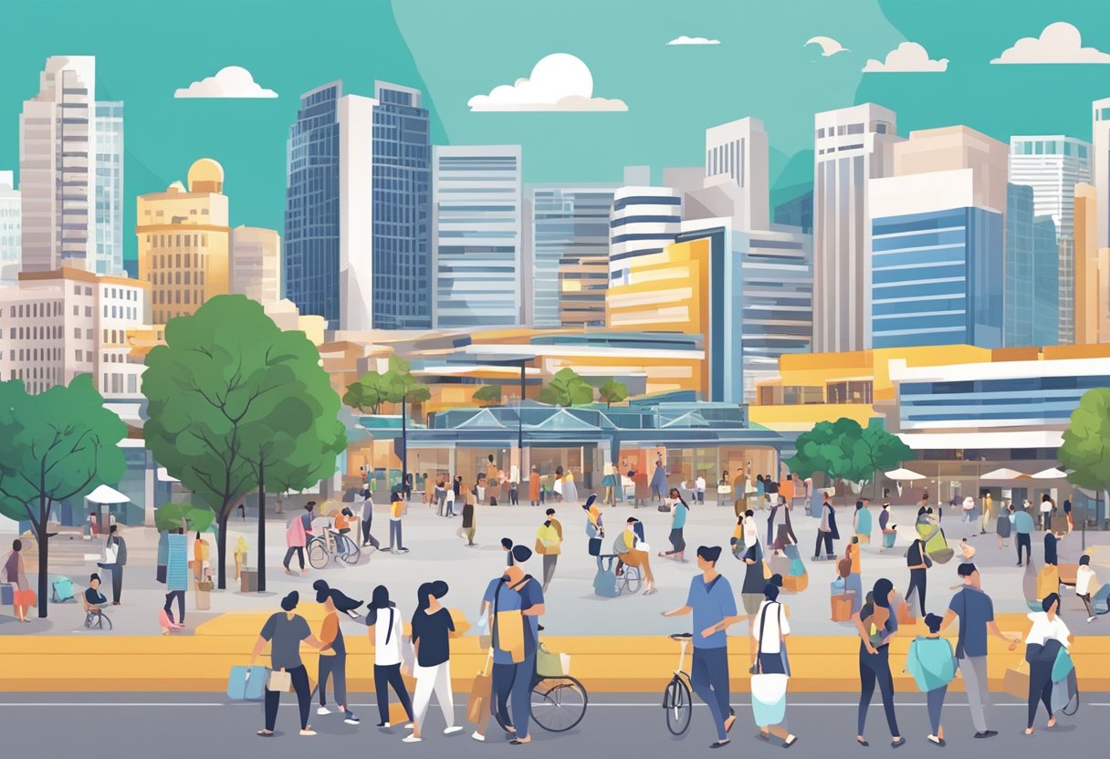 A bustling city square with a prominent "Frequently Asked Questions" sign in central Singapore. Surrounding buildings and people in the background