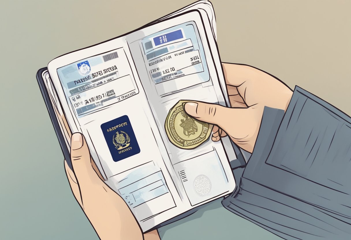 A person holding a Chinese and Singaporean passport, with a visa stamp for both countries visible