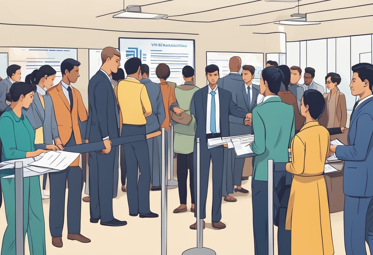 A person submitting visa forms at a consulate with a queue of people, signs in multiple languages, and officials assisting applicants