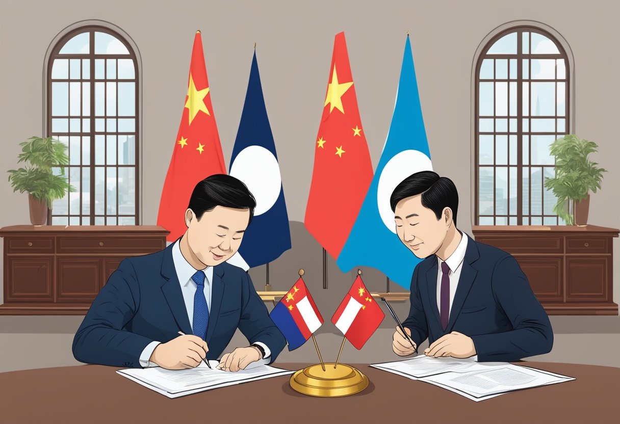 Two officials from China and Singapore signing visa agreements at a formal table with flags of both countries in the background