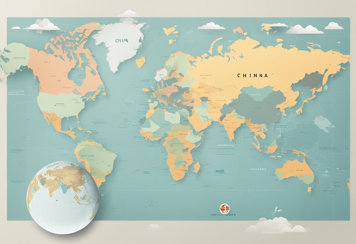 A stack of FAQ papers on China-Singapore visa, with a world map in the background