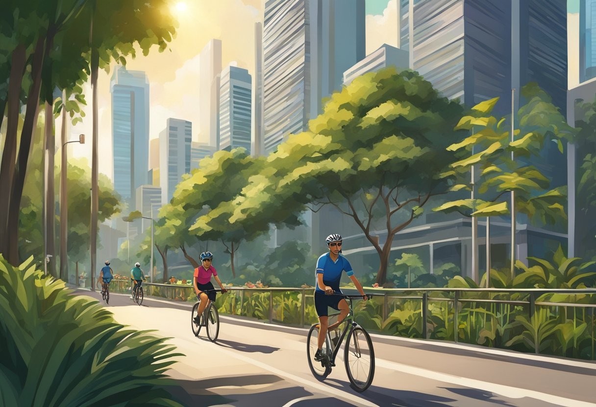 A cyclist rides through lush greenery in Singapore, passing by modern skyscrapers and traditional shophouses. The sun shines overhead, casting a warm glow on the bustling city streets